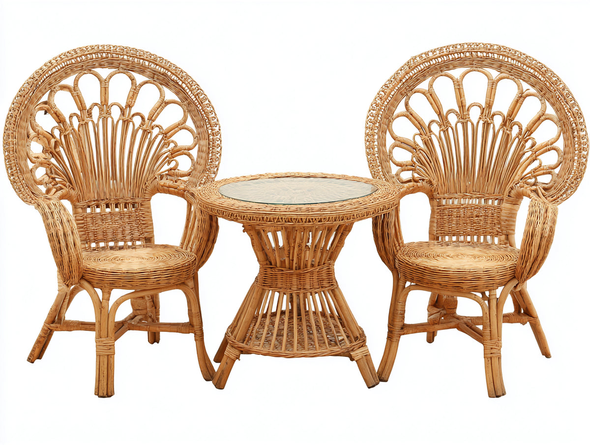 Garten Essgarnituren Rattan 75x75x72 cm - Natur - 3-teilig mit Glastisch und 2 Armlehnstühlen