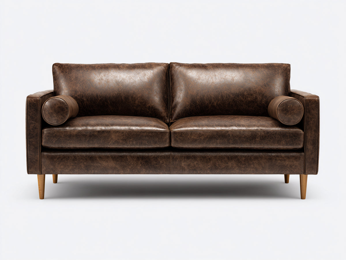 Zweisitzer Sofa Lederoptik 190x90x85 cm - Dunkelbraun-Naturholz - klassisches Design mit gepolsterter Rückenlehne und Holzfüßen