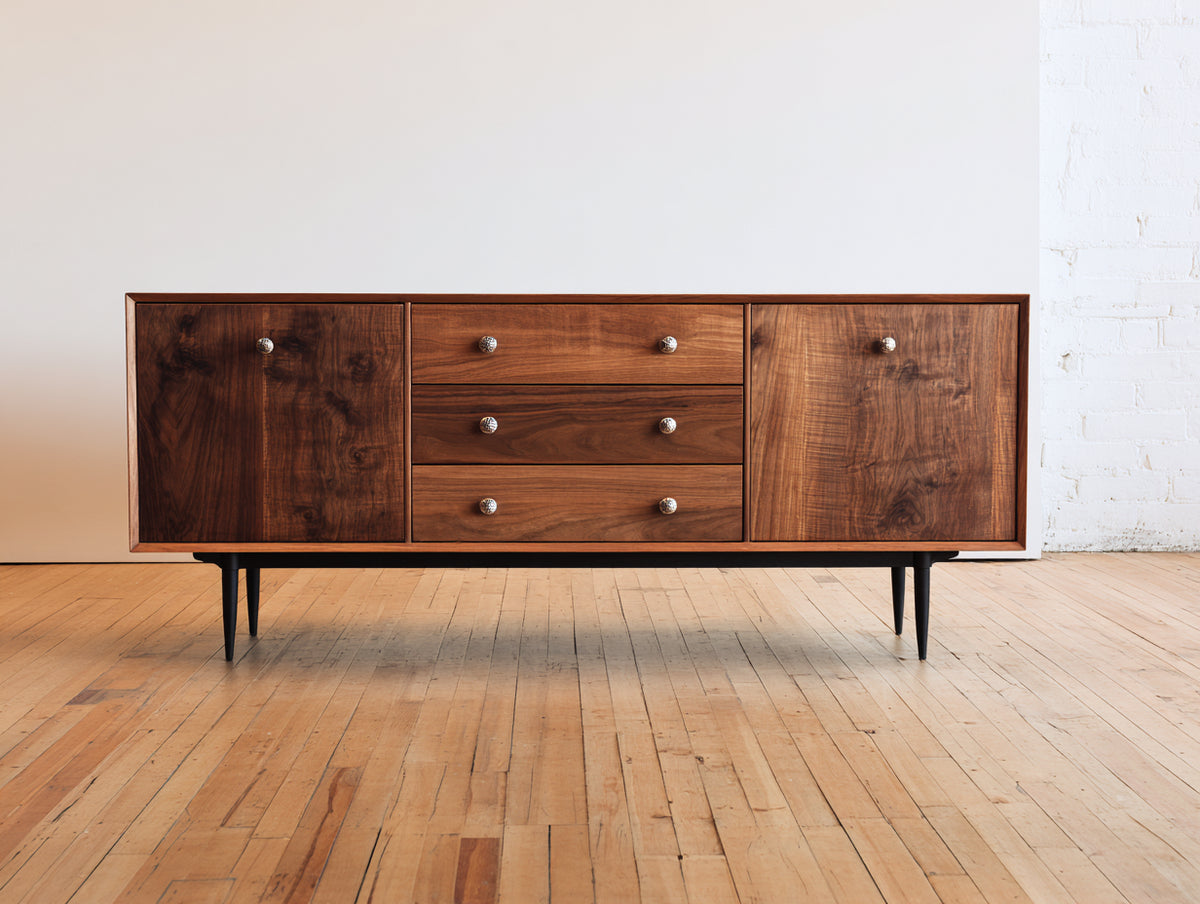 Dielenschränke aus Holz mit 2 Türen und 3 Schubladen 180x45x75 cm - Dunkelbraun-Schwarz-Silberfarben - Breiter Flurschrank mit Metallbeinen