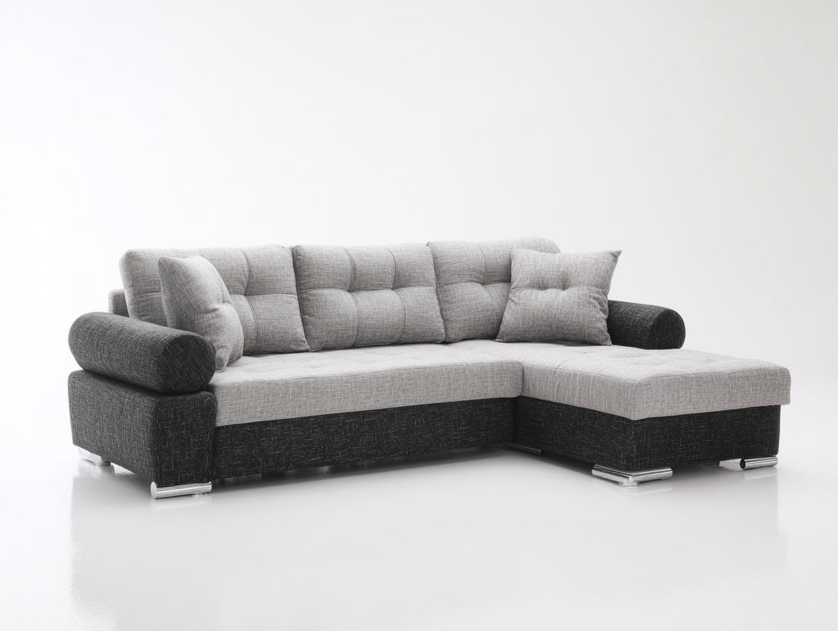 Ecksofa mit Stoffbezug 275x170x88 cm - Hellgrau-Dunkelgrau-Silberfarben - Modernes Ecksofa mit Ottomane und gepolsterter Rückenlehne