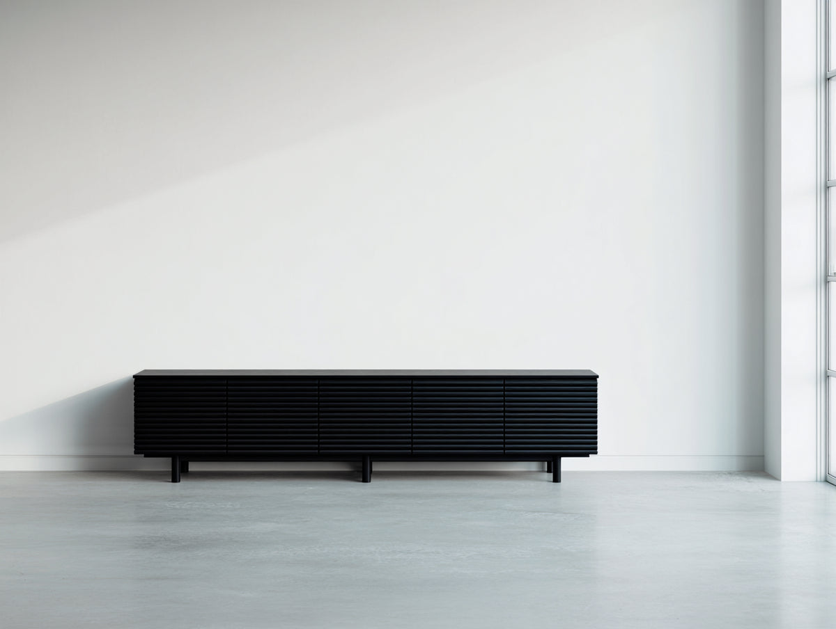 Dielenschränke aus Holz 180x42x62 cm - Schwarz - Modernes Lamellendesign mit geschlossenem Stauraum für den Flur