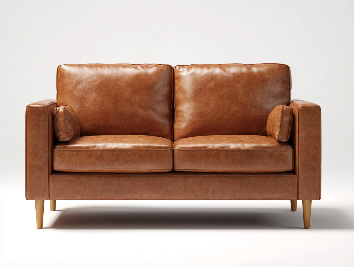 Zweisitzer Sofa mit Polsterung 190 x 90 x 85 cm - Cognacbraun-Naturholz - 2-Sitzer mit geraden Armlehnen und schlanken Holzfüßen