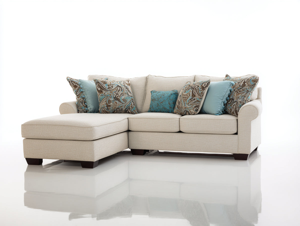 Ecksofa mit Stoffbezug 265x170x90 cm - Beige-Dunkelbraun - Modernes Ecksofa mit Ottomane und abgerundeten Armlehnen