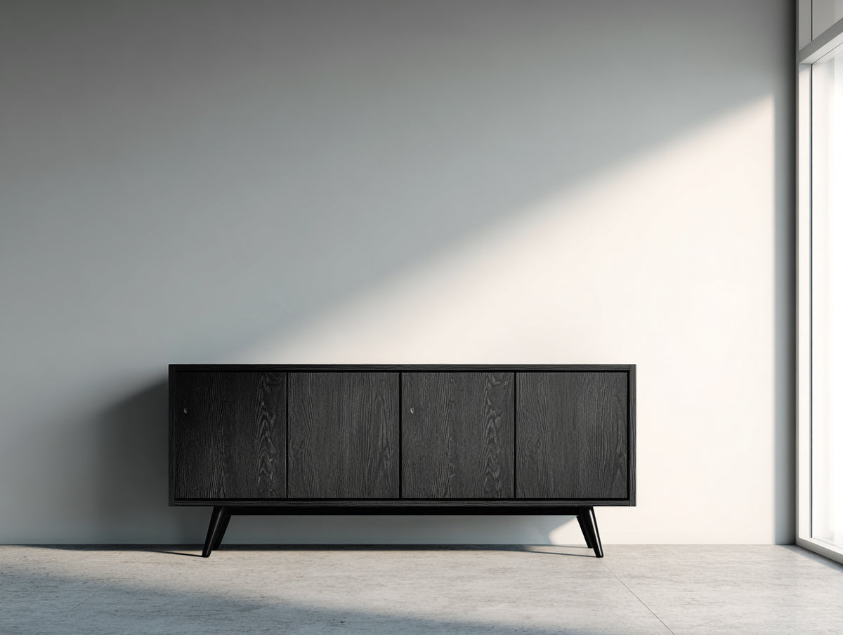 Dielenschränke aus Holz mit 4 Türen 180x45x75 cm - Schwarz - Moderner Flurschrank mit Holzstruktur und schrägen Beinen