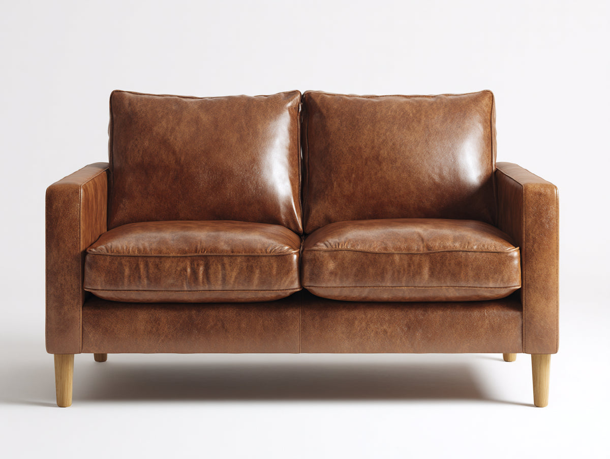 Zweisitzer Sofa Lederoptik 180x90x88 cm - Cognac-Naturholz - modernes Design mit gepolsterter Rückenlehne und Holzfüßen