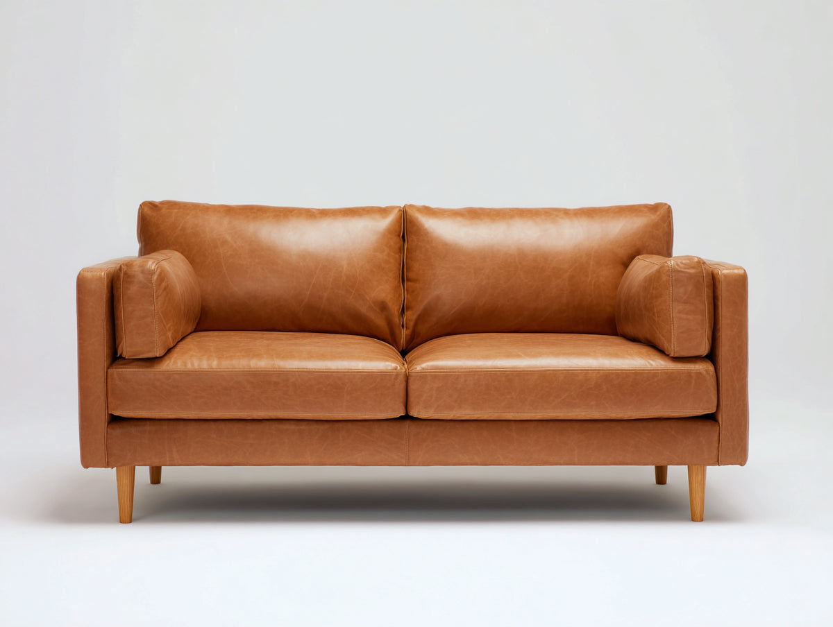 Zweisitzer Sofa mit Polsterung 190 x 90 x 85 cm - Cognacbraun-Naturholz - 2-Sitzer mit breiten Armlehnen und schlanken Holzfüßen