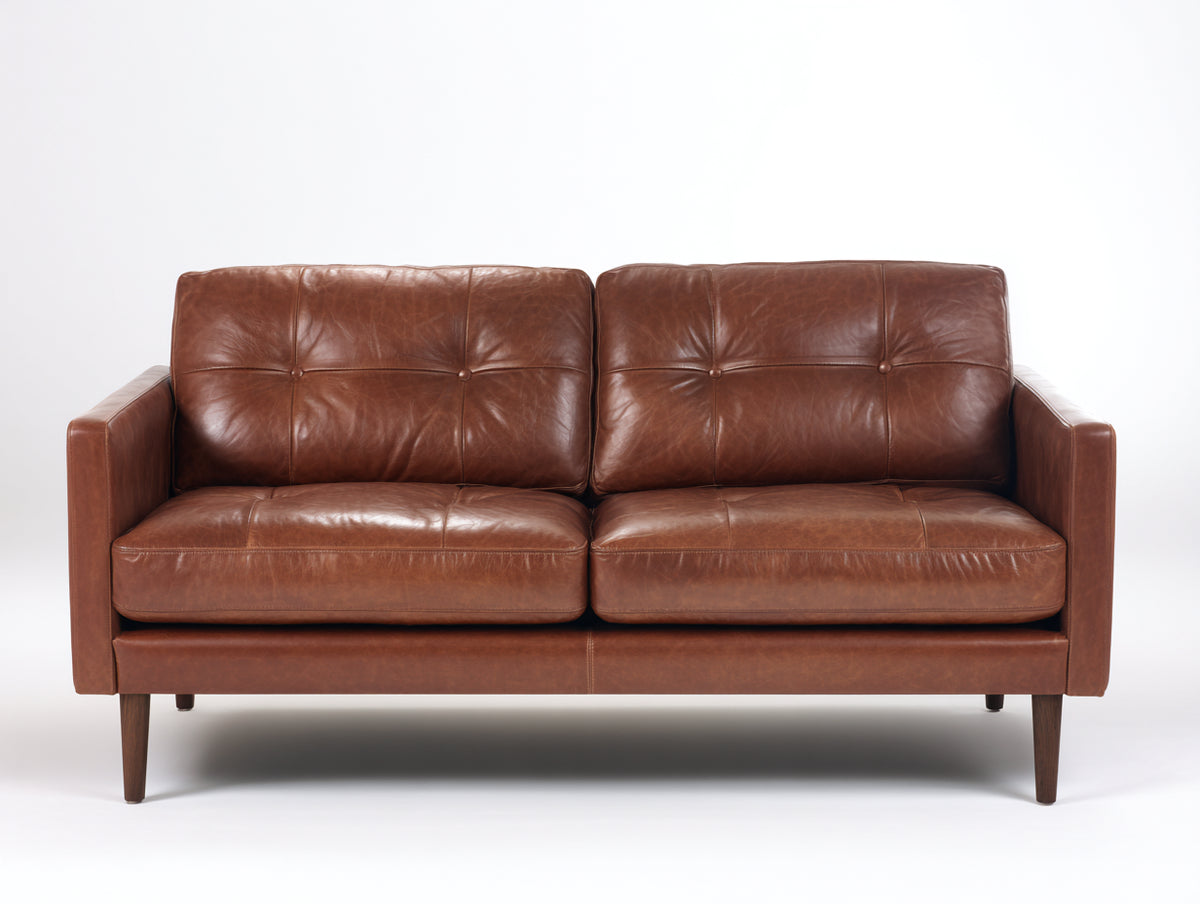 Zweisitzer Sofa mit Polsterbezug in Lederoptik 175x85x88 cm - Cognacbraun-Dunkelbraun - Modernes 2-Sitzer Sofa mit Knopfheftung und Holzbeinen