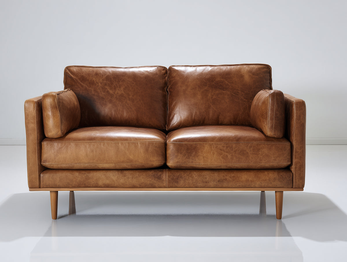 Zweisitzer Sofa mit Polsterung 190 x 90 x 85 cm - Vintagebraun-Naturholz - 2-Sitzer mit breiten Armlehnen und schlanken Holzfüßen