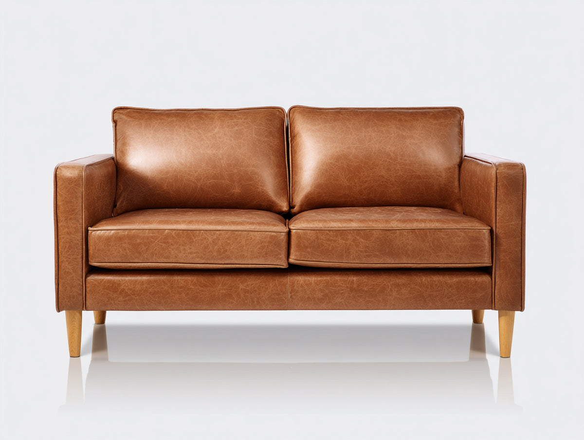 Zweisitzer Sofa mit Polsterbezug in Lederoptik 168x86x88 cm - Cognacbraun-Holzfarben - Modernes 2-Sitzer Sofa mit geraden Armlehnen und Holzbeinen