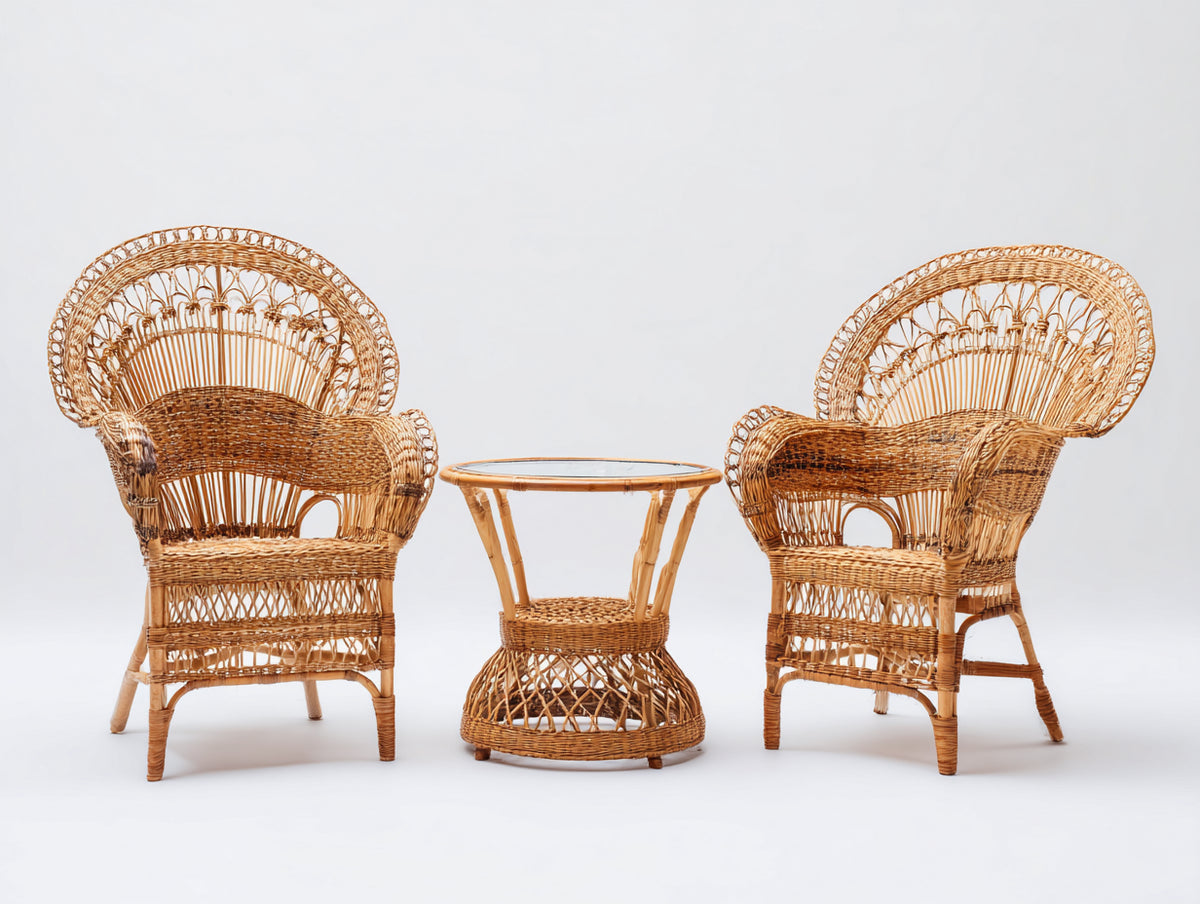Garten Essgarnituren 3-teilig aus Rattan mit Glastisch - Naturbraun-Transparent - 2 Gartensessel und runder Beistelltisch