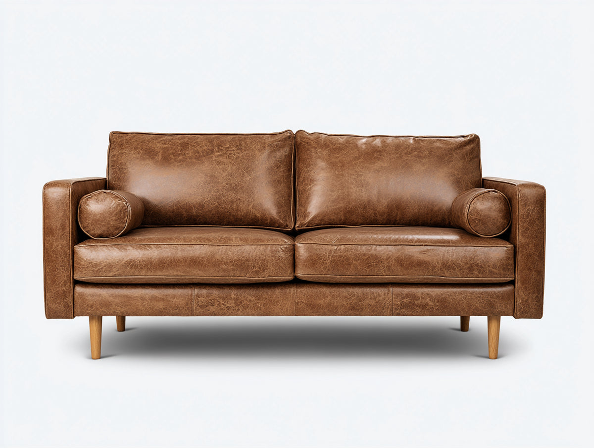 Zweisitzer Sofa mit Polsterung 190 x 90 x 85 cm - Vintagebraun-Naturholz - 2-Sitzer mit breiten Armlehnen und schlanken Holzfüßen
