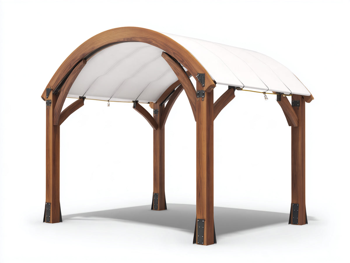 Pavillon aus Holz 300 x 300 x 270 cm - Naturbraun-Weiß - Freistehend mit gebogenem Dach und verstärkten Pfosten