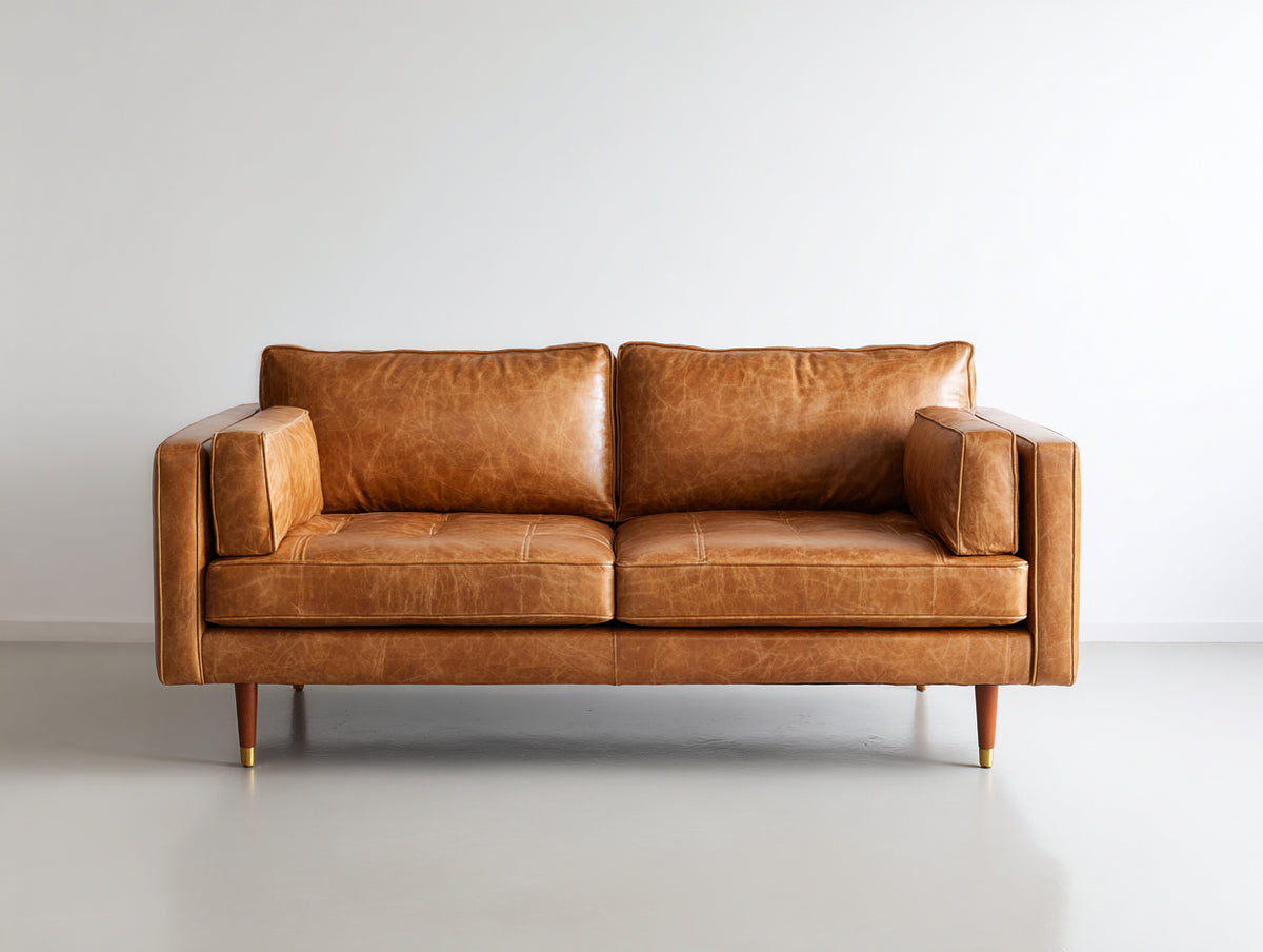 Zweisitzer Sofa Lederoptik 185x90x85 cm - Cognac-Naturholz-Gold - modernes Design mit gepolsterter Rückenlehne und erhöhten Holzfüßen